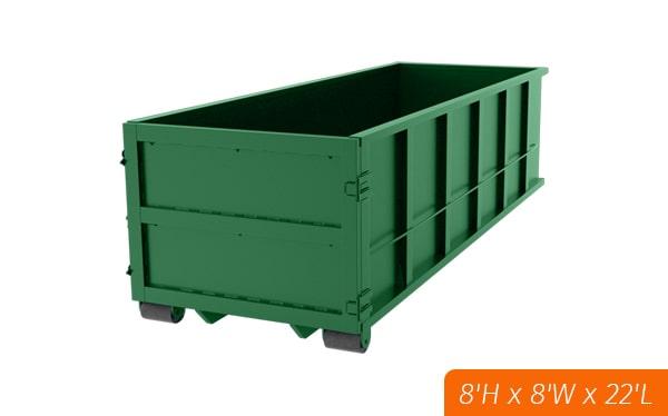 the forty yard dumpsters are typically 22 feet long, 8 feet wide, and 8 feet tall